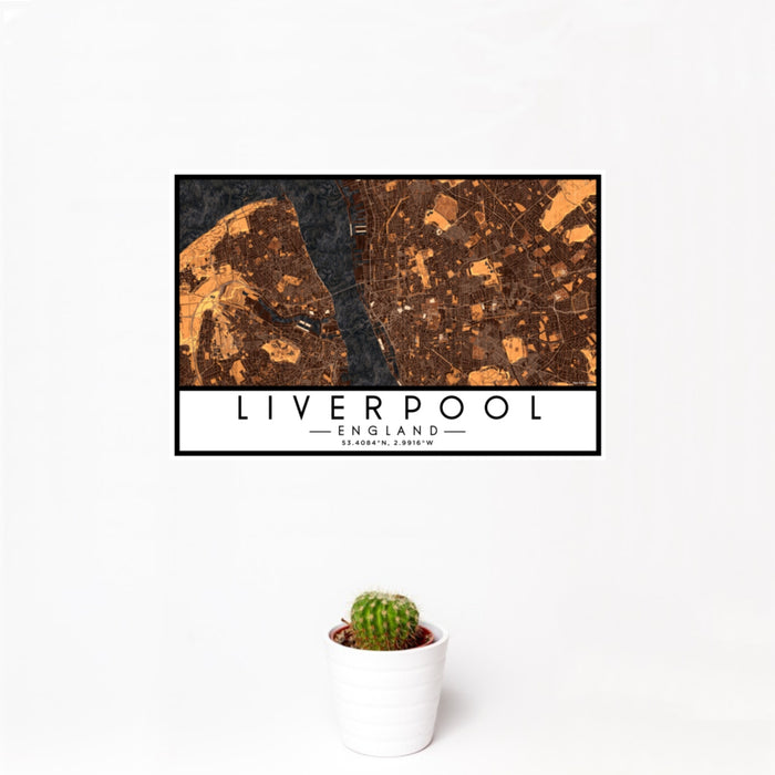 12x18 Liverpool England Map Print Landscape Orientation in Ember Style With Small Cactus Plant in White Planter