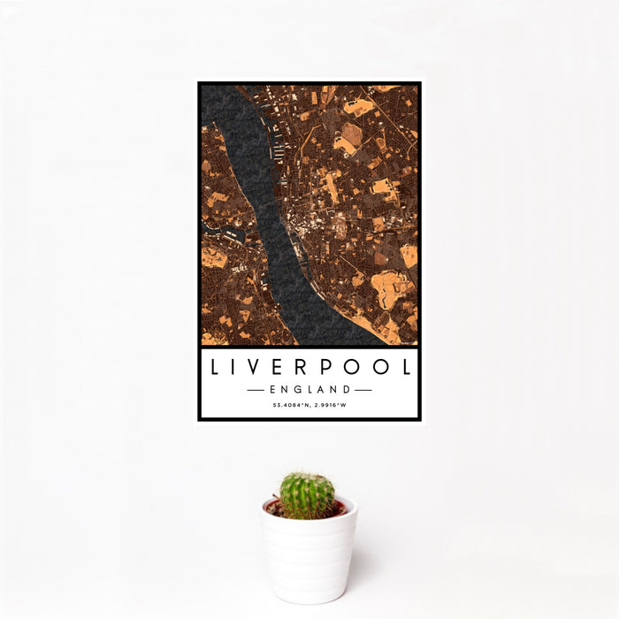12x18 Liverpool England Map Print Portrait Orientation in Ember Style With Small Cactus Plant in White Planter