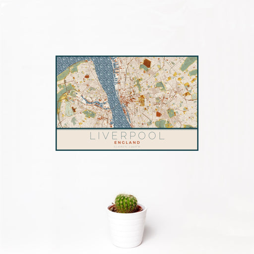 12x18 Liverpool England Map Print Landscape Orientation in Woodblock Style With Small Cactus Plant in White Planter