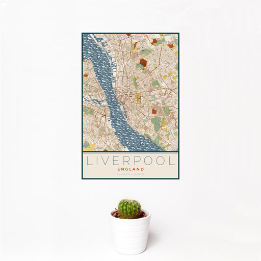 12x18 Liverpool England Map Print Portrait Orientation in Woodblock Style With Small Cactus Plant in White Planter
