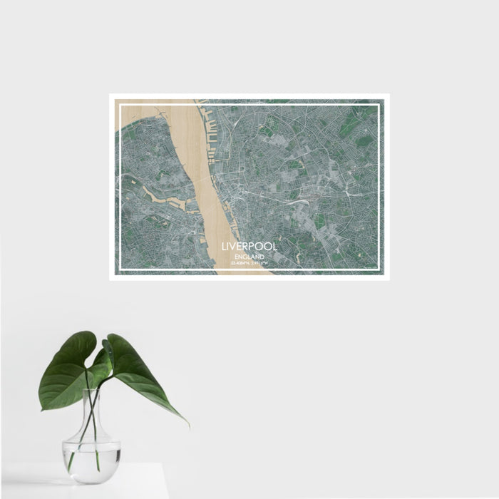 16x24 Liverpool England Map Print Landscape Orientation in Afternoon Style With Tropical Plant Leaves in Water