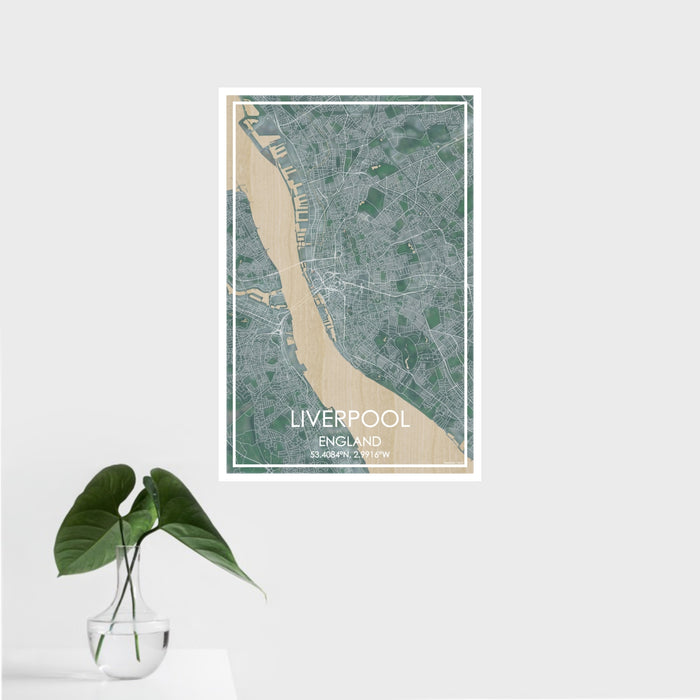 16x24 Liverpool England Map Print Portrait Orientation in Afternoon Style With Tropical Plant Leaves in Water