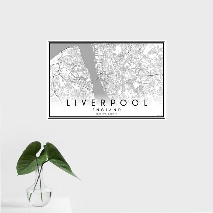 16x24 Liverpool England Map Print Landscape Orientation in Classic Style With Tropical Plant Leaves in Water