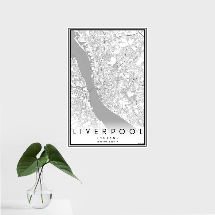 16x24 Liverpool England Map Print Portrait Orientation in Classic Style With Tropical Plant Leaves in Water