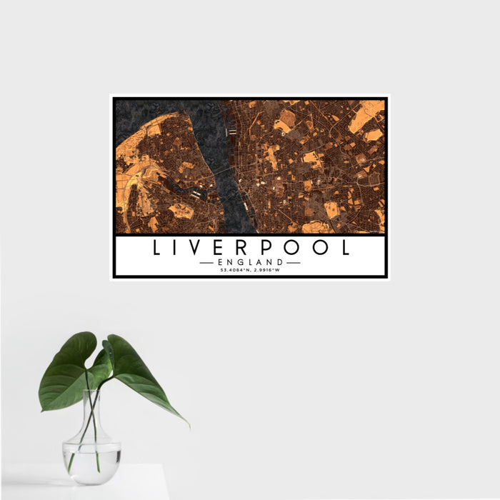 16x24 Liverpool England Map Print Landscape Orientation in Ember Style With Tropical Plant Leaves in Water