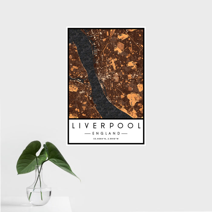 16x24 Liverpool England Map Print Portrait Orientation in Ember Style With Tropical Plant Leaves in Water