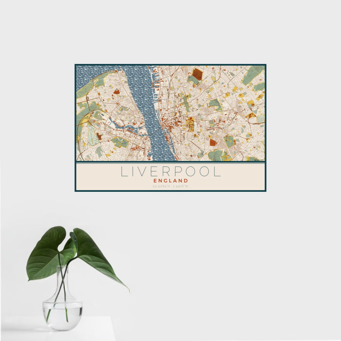 16x24 Liverpool England Map Print Landscape Orientation in Woodblock Style With Tropical Plant Leaves in Water