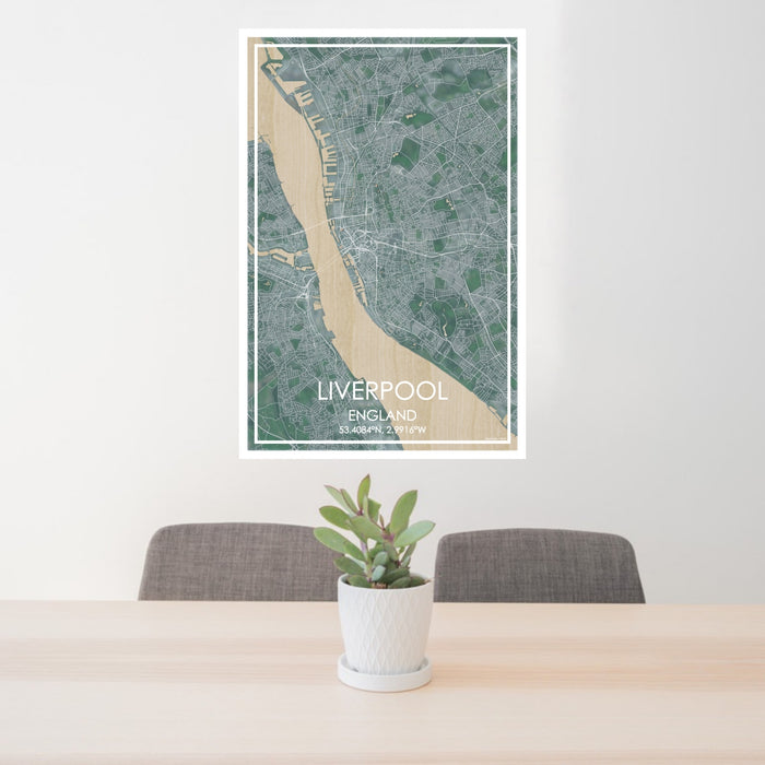 24x36 Liverpool England Map Print Portrait Orientation in Afternoon Style Behind 2 Chairs Table and Potted Plant