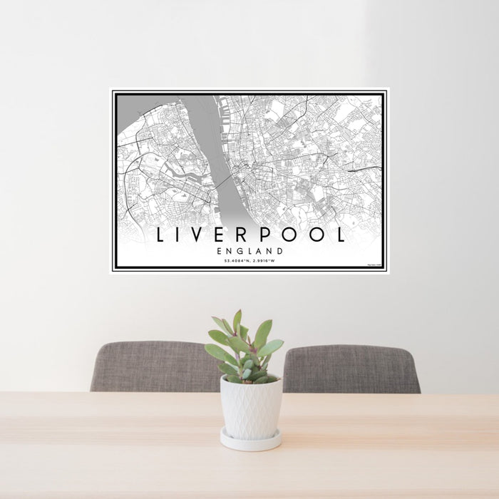 24x36 Liverpool England Map Print Lanscape Orientation in Classic Style Behind 2 Chairs Table and Potted Plant