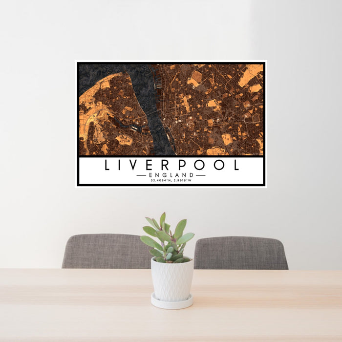 24x36 Liverpool England Map Print Lanscape Orientation in Ember Style Behind 2 Chairs Table and Potted Plant