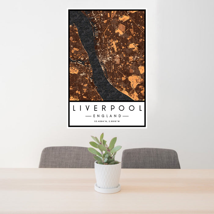 24x36 Liverpool England Map Print Portrait Orientation in Ember Style Behind 2 Chairs Table and Potted Plant
