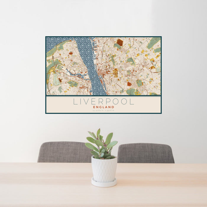 24x36 Liverpool England Map Print Lanscape Orientation in Woodblock Style Behind 2 Chairs Table and Potted Plant