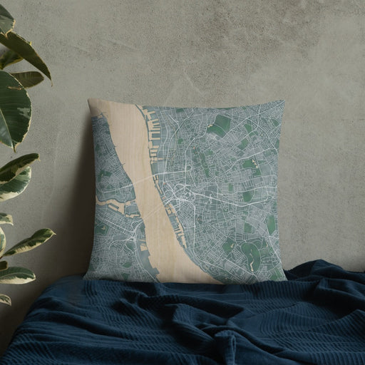 Custom Liverpool England Map Throw Pillow in Afternoon on Bedding Against Wall