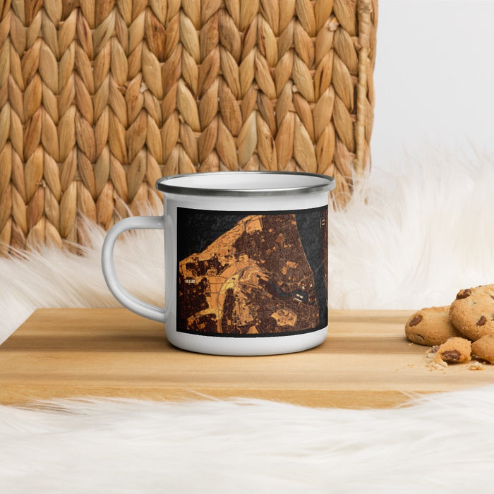 Left View Custom Liverpool England Map Enamel Mug in Ember on Table Top
