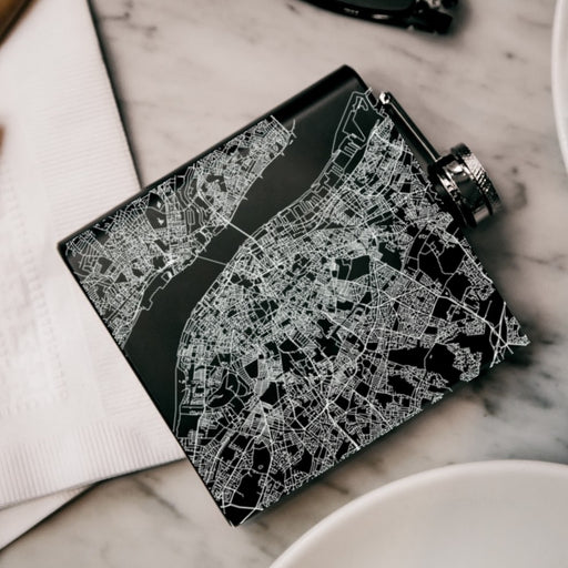 Liverpool England Custom Engraved City Map Inscription Coordinates on 6oz Stainless Steel Flask in Black