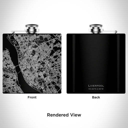 Rendered View of Liverpool England Map Engraving on 6oz Stainless Steel Flask in Black