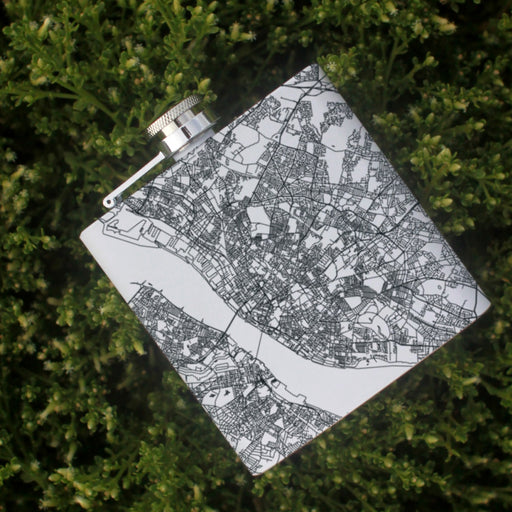 Liverpool England Custom Engraved City Map Inscription Coordinates on 6oz Stainless Steel Flask in White