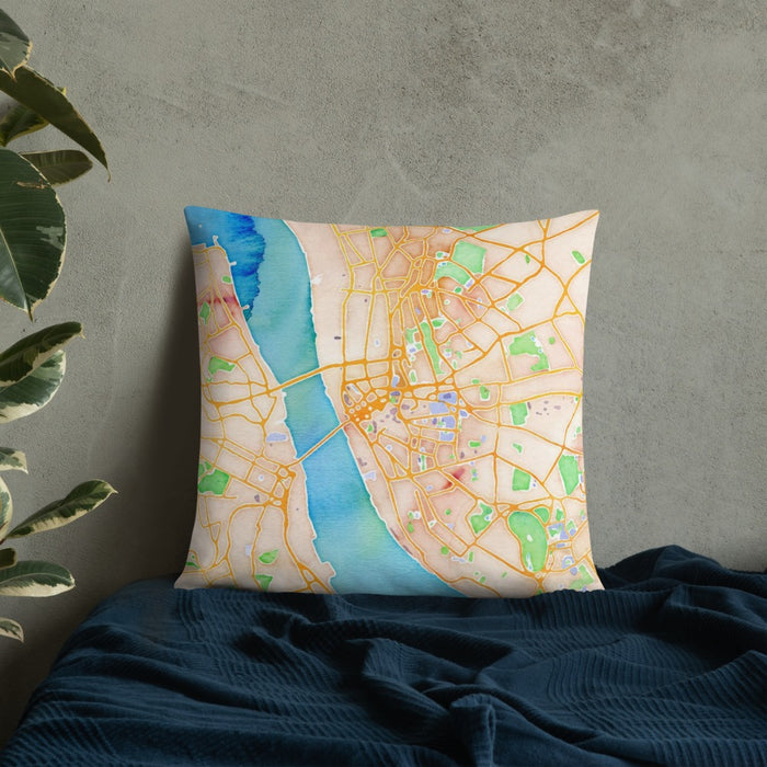 Custom Liverpool England Map Throw Pillow in Watercolor on Bedding Against Wall