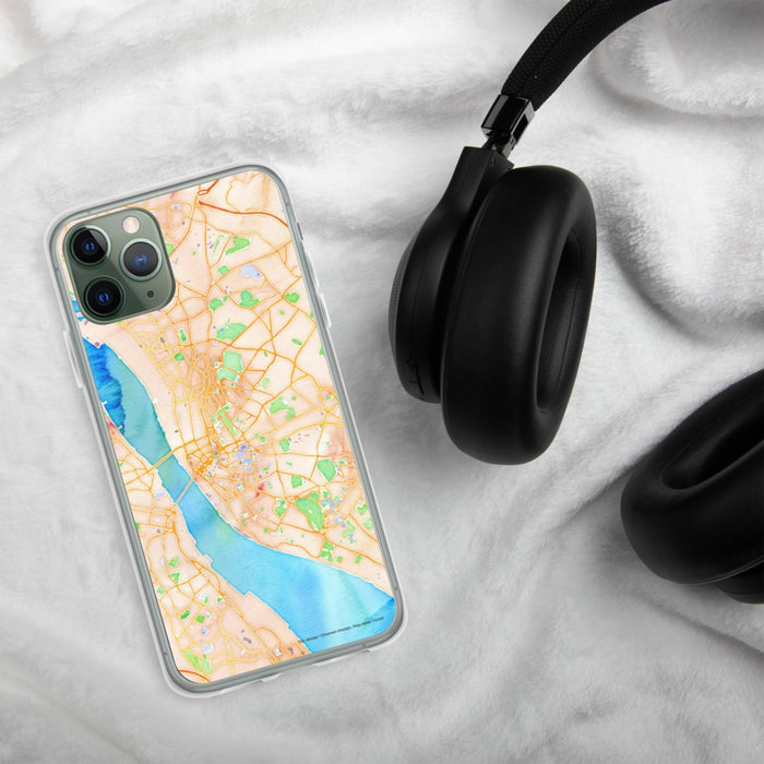 Custom Liverpool England Map Phone Case in Watercolor on Table with Black Headphones