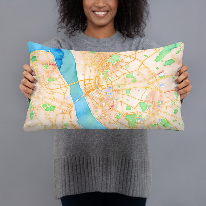 Person holding 20x12 Custom Liverpool England Map Throw Pillow in Watercolor