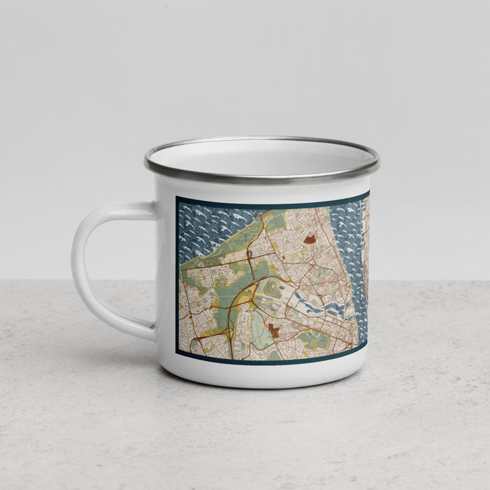 Left View Custom Liverpool England Map Enamel Mug in Woodblock