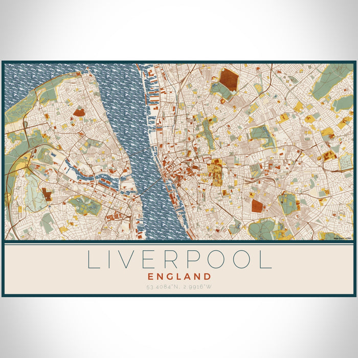 Liverpool England Map Print Landscape Orientation in Woodblock Style With Shaded Background