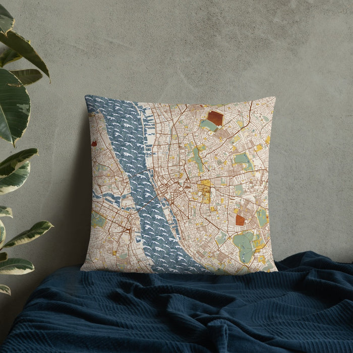 Custom Liverpool England Map Throw Pillow in Woodblock on Bedding Against Wall
