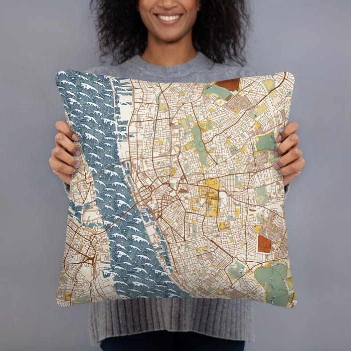 Person holding 18x18 Custom Liverpool England Map Throw Pillow in Woodblock