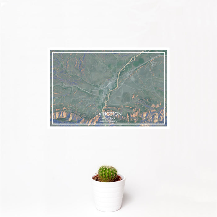 12x18 Livingston Montana Map Print Landscape Orientation in Afternoon Style With Small Cactus Plant in White Planter