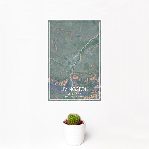 12x18 Livingston Montana Map Print Portrait Orientation in Afternoon Style With Small Cactus Plant in White Planter