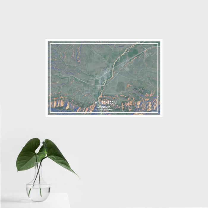16x24 Livingston Montana Map Print Landscape Orientation in Afternoon Style With Tropical Plant Leaves in Water
