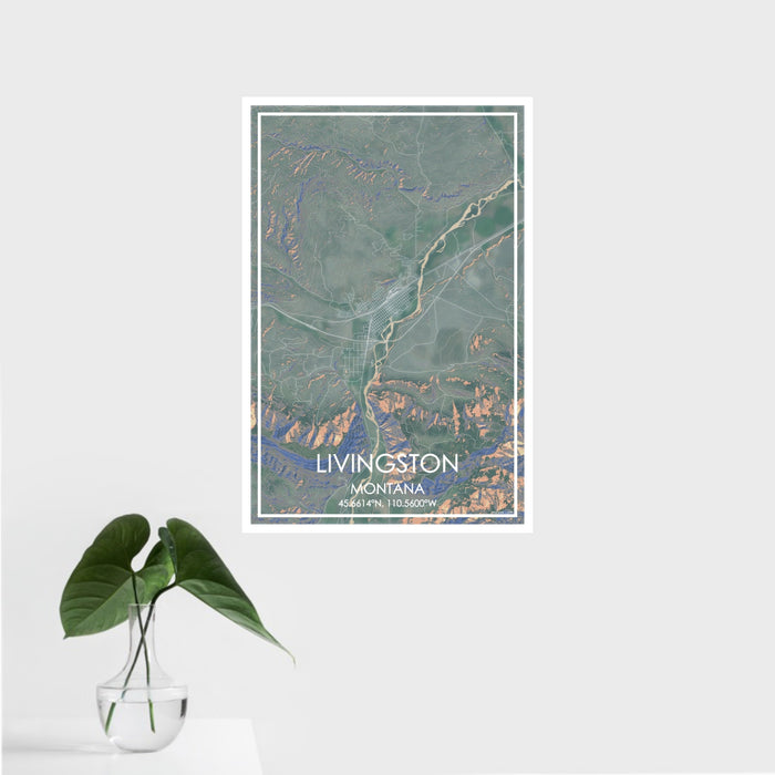 16x24 Livingston Montana Map Print Portrait Orientation in Afternoon Style With Tropical Plant Leaves in Water
