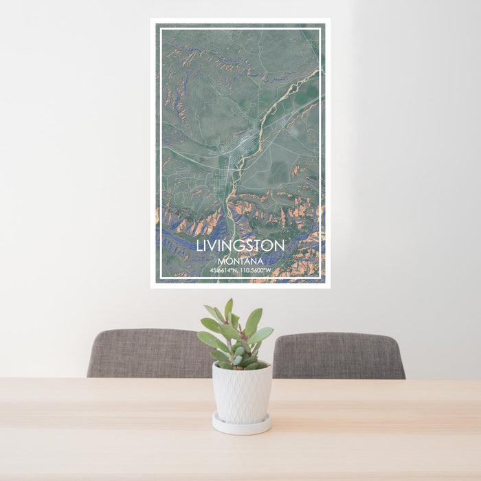 24x36 Livingston Montana Map Print Portrait Orientation in Afternoon Style Behind 2 Chairs Table and Potted Plant