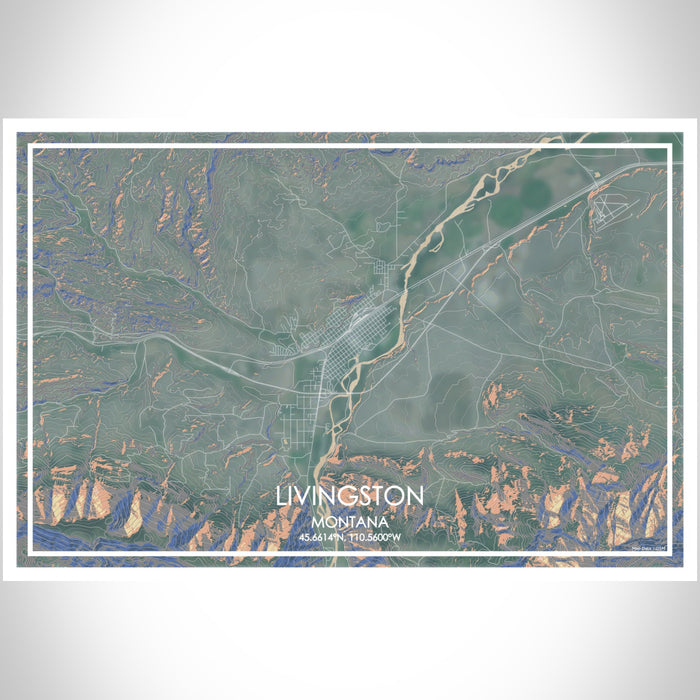 Livingston Montana Map Print Landscape Orientation in Afternoon Style With Shaded Background
