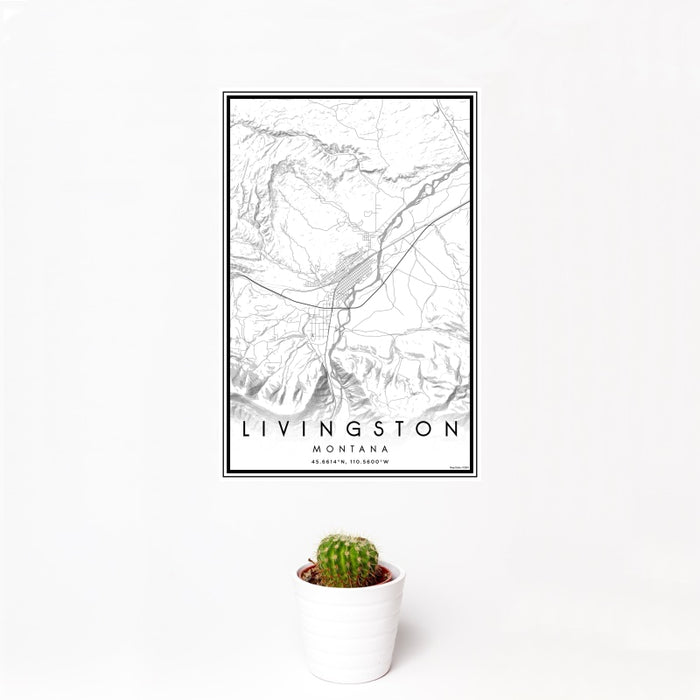 12x18 Livingston Montana Map Print Portrait Orientation in Classic Style With Small Cactus Plant in White Planter