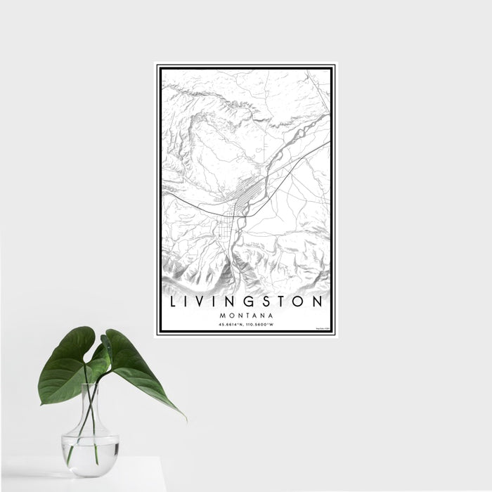 16x24 Livingston Montana Map Print Portrait Orientation in Classic Style With Tropical Plant Leaves in Water