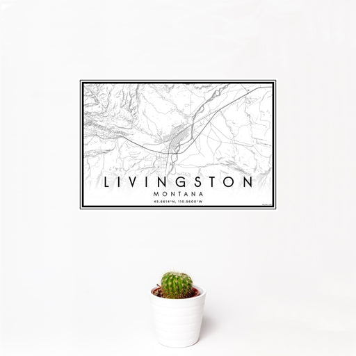 12x18 Livingston Montana Map Print Landscape Orientation in Classic Style With Small Cactus Plant in White Planter