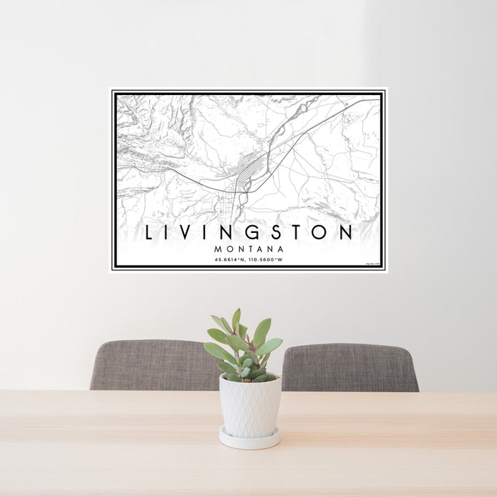 24x36 Livingston Montana Map Print Landscape Orientation in Classic Style Behind 2 Chairs Table and Potted Plant