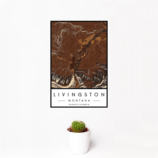12x18 Livingston Montana Map Print Portrait Orientation in Ember Style With Small Cactus Plant in White Planter