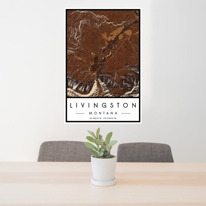 24x36 Livingston Montana Map Print Portrait Orientation in Ember Style Behind 2 Chairs Table and Potted Plant