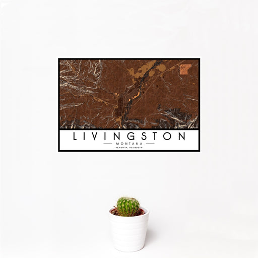 12x18 Livingston Montana Map Print Landscape Orientation in Ember Style With Small Cactus Plant in White Planter