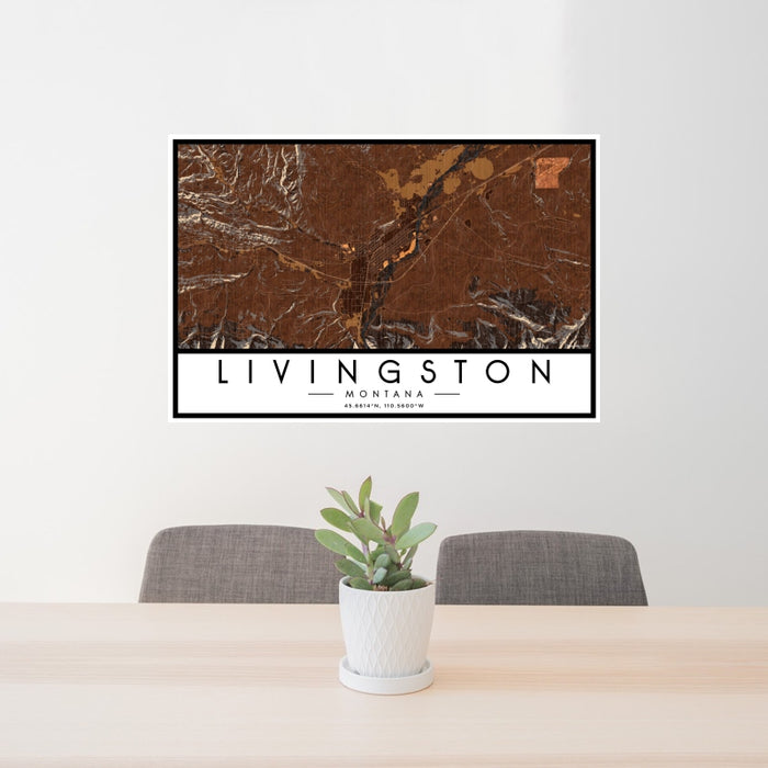 24x36 Livingston Montana Map Print Landscape Orientation in Ember Style Behind 2 Chairs Table and Potted Plant