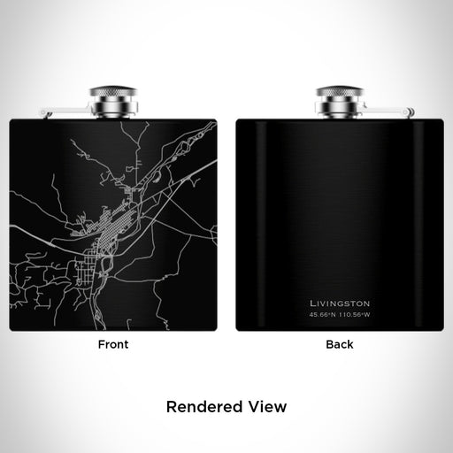 Rendered View of Livingston Montana Map Engraving on 6oz Stainless Steel Flask in Black