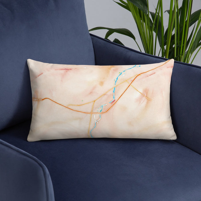 Custom Livingston Montana Map Throw Pillow in Watercolor on Blue Colored Chair
