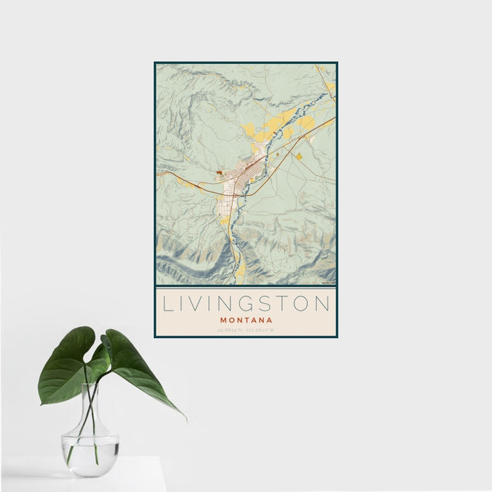 16x24 Livingston Montana Map Print Portrait Orientation in Woodblock Style With Tropical Plant Leaves in Water