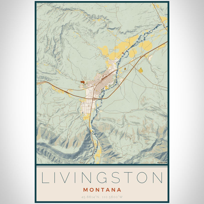 Livingston Montana Map Print Portrait Orientation in Woodblock Style With Shaded Background