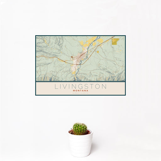 12x18 Livingston Montana Map Print Landscape Orientation in Woodblock Style With Small Cactus Plant in White Planter