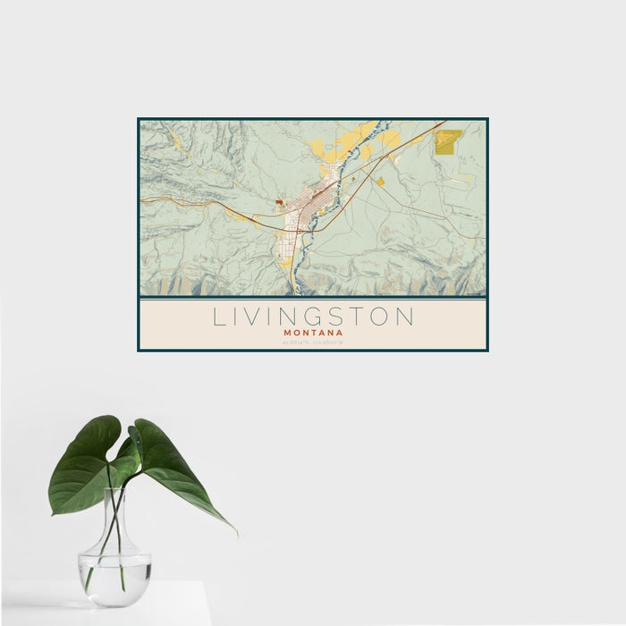 16x24 Livingston Montana Map Print Landscape Orientation in Woodblock Style With Tropical Plant Leaves in Water