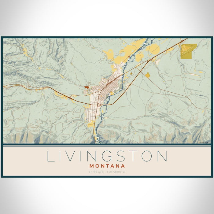 Livingston Montana Map Print Landscape Orientation in Woodblock Style With Shaded Background