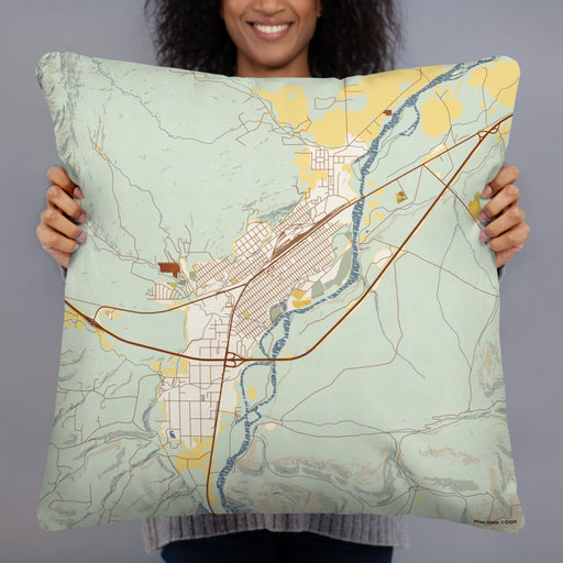 Person holding 22x22 Custom Livingston Montana Map Throw Pillow in Woodblock
